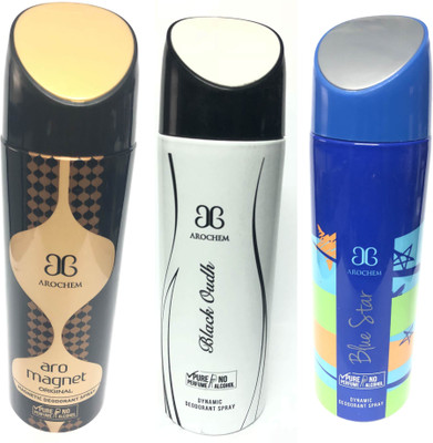 

Arochem Magnet , Black Oudh & Blue Star Deodorant Spray - For Men & Women(600 ml, Pack of 3)