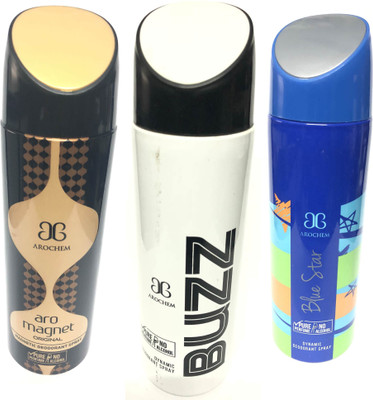 

Arochem Magnet , Buzz & Blue Star Deodorant Spray - For Men & Women(600 ml, Pack of 3)