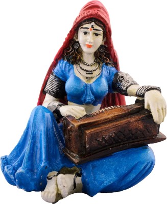 eCraftIndia Rajasthani Lady Playing Harmonium Showpiece Decorative Showpiece  -  16 cm(Polyresin, Blue, Red)