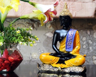 eCraftIndia Handcrafted Meditating Decorative Buddha Decorative Showpiece  -  27.5 cm(Polyresin, Yellow, Black)