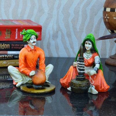 eCraftIndia Pair of Rajasthani Craftman and Lady Statue Decorative Showpiece  -  15.24 cm(Polyresin, Brown)