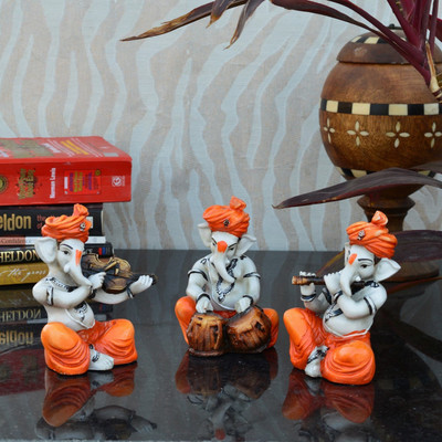 eCraftIndia Set Of 3 Ganesha Playing Musical Instruments Decorative Showpiece  -  12.7 cm(Polyresin, White, Orange)