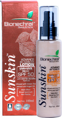 

Bionechral Sunskin Advance BB+ Sunblock Lotion 100ml Broad Spectrum protection from UVA &UVB Rays (No Mineral Oils, No Parabens, No Sulphates) Anti Tan Benefits - enriched with Green Tea & Argan Oil - SPF 50 PA+++(100 ml)