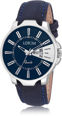 

LOREM LK-23 Silver-Blue Round Day & Date Display Leather Watch - For Men