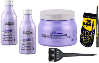 

styling Hair Brush, Unlimited Hair Shampoo Pack Of 2 With Hair Spa & Colossal Kajal Super Black(Set of 5)