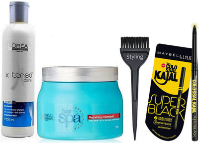 

styling Hair Brush, X-tenso Care Hair Shampoo 230ml With Repairing Creambath Hair Spa & Colossal Kajal super Black(Set of 4)