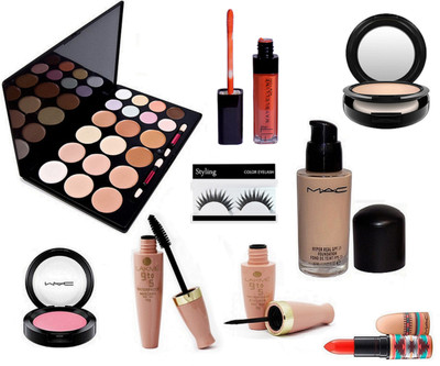 

styling Eyelashes, 20 Shade Concealer Palette (L20), Lakme 9 To 5 Eyeliner & Mascara, Maybelline Folly Red Shade Lipgloss, Studio Fix Face Powder Compact, One Shade Blusher Compact, Hyper Real SPF 15 Foundation, Folly Red Lipstick Of Mac(Set of 9)