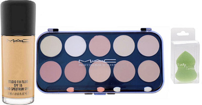 

Studio Fix Combo Sponge Blender Puff& MAC 10 Shades Concealer Palette& Fix Fluid Spectrum Foundation Spf 15(Set of 3)