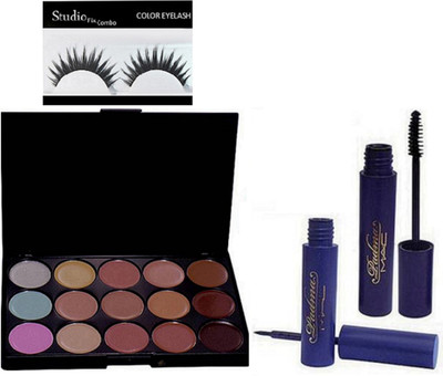 

Studio Fix Combo Eyelashes, Mac Padma Mascara With Liquid Eyeliner black ,15 Shade Concealer Palette(Set of 4)