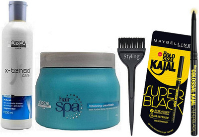 

styling Hair Brush, L'oreal X-tenso Care Hair Shampoo 230ml With Vitalizing Hair Spa & Colossal kajal Super black(Set of 4)