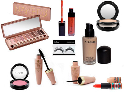 

styling Eyelashes, Naked 3 Eyeshadow Palette, Lakme 9 To 5 Eyeliner & Mascara, Maybelline Folly Red Shade Lipgloss, Studio Fix Face Powder Compact, One Shade Blusher Compact, Hyper Real SPF 15 Foundation, Folly Red Lipstick Of Mac(Set of 9)