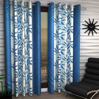 Panipat Textile Hub 274 cm (9 ft) Polyester Semi Transparent Long Door Curtain (Pack Of 2)(Floral, Aqua)