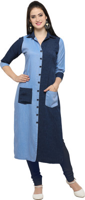 SHOPPING QUEEN Women Colorblock Straight Kurta(Blue)