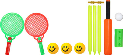 

M-MAX COMBO OF PLASTIC SUPER BADMINTON , 3 SMILEY BALLS AND CRICKET SET FOR KIDS Multicolor Unstrung Badminton Racquet(G4 - 3.25 Inches, 200 g)