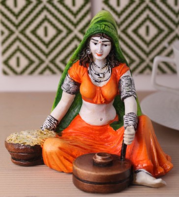eCraftIndia Rajasthani Lady using Flour Machine Decorative Showpiece  -  12.5 cm(Polyresin, Orange, Red)