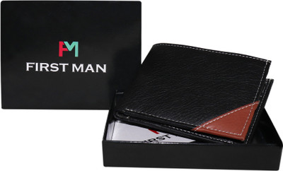 

First Man Men Black Genuine Leather Wallet(3 Card Slots), Black;tan