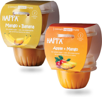 

HAPPA Organic Baby food, Fruit delight Pack-2 (Mango + Banana, Apple + Mango) Puree, Stage-2, 4x110 g Tub Cereal(440 g, Pack of 2, 6+ Months)