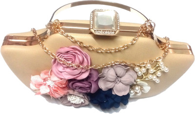 

White Flower Party Gold, Brown Clutch, Brown;gold