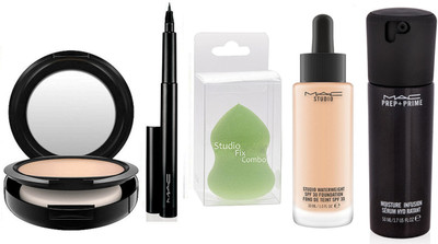 

Studio Fix Combo sponse puff , mac pen eye liner , mac prep+prime mositure infusion serum , mac studio fix powder plus foundation , mac studio waterweight SPF 30 foundation(Set of 5)