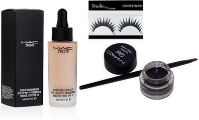 

Studio Fix Combo Eyelashes&Mac Gel Eyeliner Long Lasting Waterproof Smoot, Studio Waterweight Spf 30 Foundation(Set of 3)
