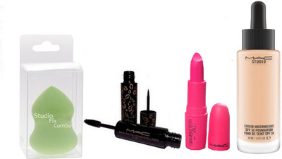 

Studio Fix Combo sponse puff & Mac studio waterweight SPF 30 foundation ,Giambattista valli matte milan mode lipstick & 2 In 1 Eyeliner & mascara(Set of 4)