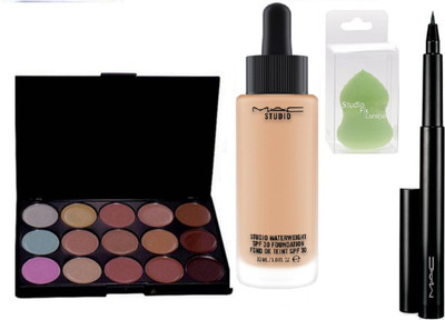 

Studio Fix Combo sponse puff & Mac studio waterweight SPF 30 foundation , Mac pen eye liner , mac 15 Shade Concealer Palette(Set of 4)
