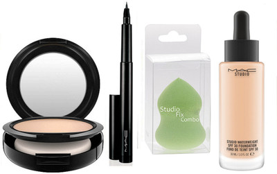 

Studio Fix Combo sopnse puff & mac studio waterweight SPF 30 foundation , mac pen eyeliner , max studio fix powder plus foundation(Set of 4)