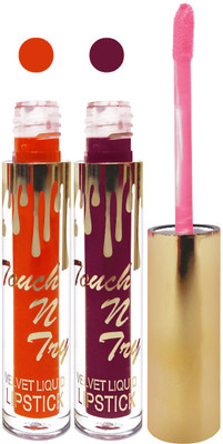 

Femina09 cosmetics makeup velvet matte liquid lipstick enriched with vitamin E fashion color combo set of 2(l orange l purple, 10 ml)