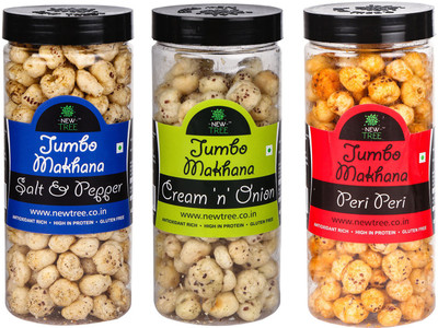 

New Tree Jumbo Makhana Salt & Pepper,Jumbo Makhana Cream n Onion,Jumbo Makhana Peri Peri Combo OF 3 [ Total Weight : - 270gm ] Assorted Nuts(270 g, Plastic Bottle)