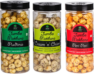 

New Tree Jumbo Makhana Pudina,Jumbo Makhana Cream n Onion,Jumbo Makhana Peri Peri Combo OF 3 [ Total Weight : - 270gm ] Assorted Nuts(270 g, Plastic Bottle)