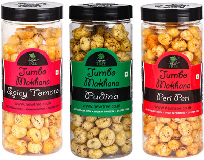 

New Tree Jumbo Makhana Spicy Tomato,Jumbo Makhana Pudina,Jumbo Makhana Peri Peri Combo OF 3 [ Total Weight : - 270gm ] Assorted Nuts(270 g, Plastic Bottle)