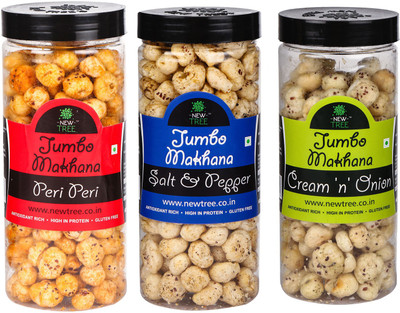 

New Tree Jumbo Makhana Peri Peri,Jumbo Makhana Salt & Pepper,Jumbo Makhana Cream n Onion Combo OF 3 [ Total Weight : - 270gm ] Assorted Nuts(270 g, Plastic Bottle)