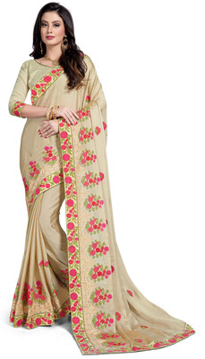 RekhaManiyar Fashions Embroidered Fashion Silk, Chiffon Saree(Beige) Flipkart