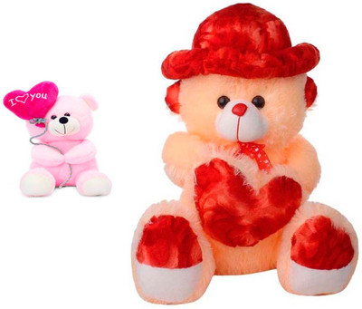 ATTRACTIVE 3 Feet Sitting Cap & Heart Teddy Bear With 1 Feet Small Balloon Teddy Bear - 85 cm(Beige/Pink)