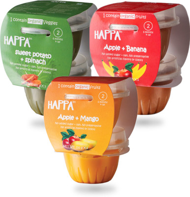 

HAPPA Organic Baby food, Variety pack (Apple + Banana, Apple + Mango,Sweet Potato + Spinach) Puree, 6x 110 g Tub Cereal(660 g, Pack of 3, 6+ Months)