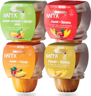 

HAPPA Organic Baby food, Fruit medley -3 (Sweet Potato + Mango +Pear, Apple + Banana, Apple + Mango, Mango + Banana ) Puree, 8x 110 g Tub Cereal(880 g, Pack of 4, 6+ Months)