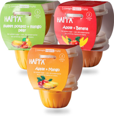 

HAPPA Organic Baby food, Fruit medley - 2 (Sweet Potato + Mango +Pear, Apple + Banana,Apple + Mango) Puree, Stage-2, 6x110 g Tub Cereal(660 g, Pack of 3, 1)