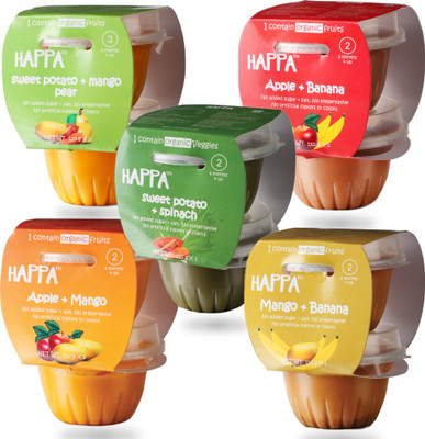 

HAPPA Organic Baby food, Variety pack (Sweet Potato + Mango +Pear, Apple + Banana, Apple + Mango, Mango + Banana,Sweet Potato + Spinach) Puree, 10 x110 g Tub Cereal(1100 g, Pack of 5, 6+ Months)