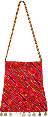 

Lambani Embroidery Stylish and Spacious Red Leharia Striped Bag with coins Shoulder Bag(Red, 5 inch)