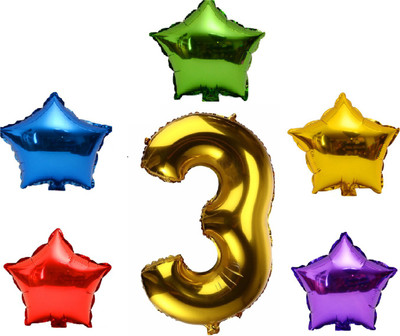 

P s retail Solid 6Pcs Set Party Decoration foil Balloon (5 Star & one Number "3") Balloon(Multicolor, Pack of 1)