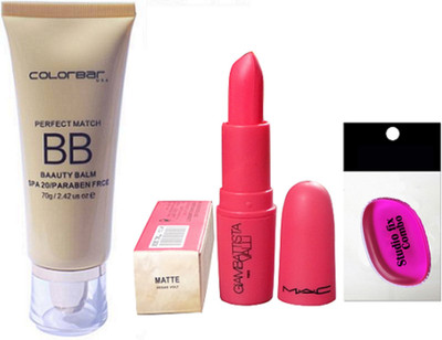 

Studio Fix Combo Silicon puff& Colorbar Perfect Match Creme Foundation, Giambattista Valli Matte Finish Vegas Volt Lipstick(Set of 3)