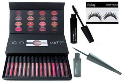 styling Eyelashes & Haute And Naughty Curl Lash Mascara & Mac Liquid Last Eyeliner & Combo Liquid Matte Lipstick Set Of 16 Piece(Set of 4)