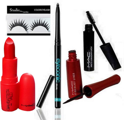 

Studio Fix Combo Eyelashes& Mac Liquid Last Liner &Haute 7 Naughty Mascara ,Lakme Eyeconic Kajal, Deep Black,Giambattista Matte Finish Russian Red Lipstick(Set of 5)
