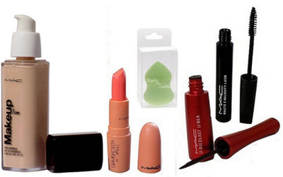 

Studio Fix Combo Sponge Puff &Giambattista Valli Fresh Selmon Lipstick & Liquid Last Liner & Haute & naughty Mascara, Mac Makeup Pro Longwear SPF 10 foundation Fond De Teint(Set of 5)
