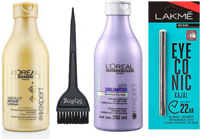 

styling Hair Brush & Loreal Absolut Repair Lipidium Shampoo & Liss Unlimited Shampoo & Eyeconic kajal Deep Black(Set of 4)
