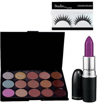 

Studio Fix Combo Eyelashes,Mac 15 Shade Concealer Palette, Riveting Rose Lipstick ,(Set of 3)