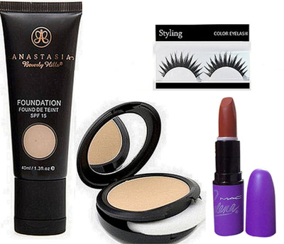 

styling Of Eyelashes, Anastasia Beverly Vills Fond De Teint SPF 15 Foundation, Selena Matte Finish lipstick, Studio Fix Powder Plus Compact(Set of 4)