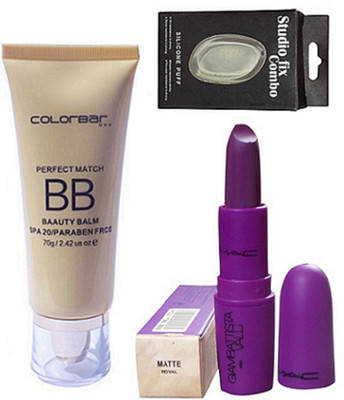 

Studio Fix Combo Silicon Puff& Colorbar Perfect Match Creme Foundation, Giambattista Valli Matte Finish Lipstick(Set of 3)