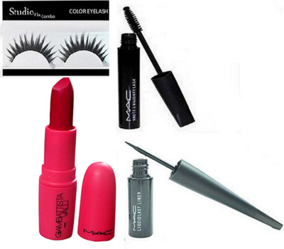 

Studio Fix Combo Eyelashes&Mac Liquid Last Eyeliner, Haute And Naughty Curl Lash Mascara, Gaimbattista Valli Matte Finish D For Danger Lipstick(Set of 4)
