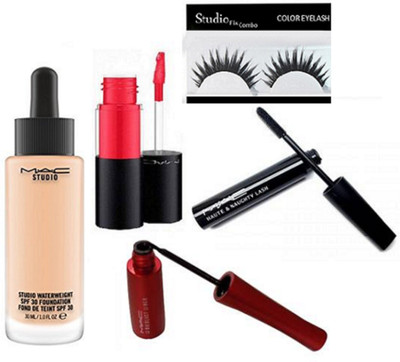 

Studio Fix Combo Eyelashes& Mac Studio Waterweight Spf 30 Foundation,Liquid Last Liner & Haute Naughty Mascara With Versicolour Stain Encre A Lip Gloss Liquid Levres Long Lasting / Longue Duree(Set of 5)